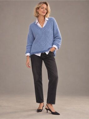 Nina Kendosa Blue Sequin V Neck Open Knit Fuzzy Sweater Womens M